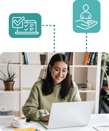 Woman at computer with two icons Woman at computer with two icons