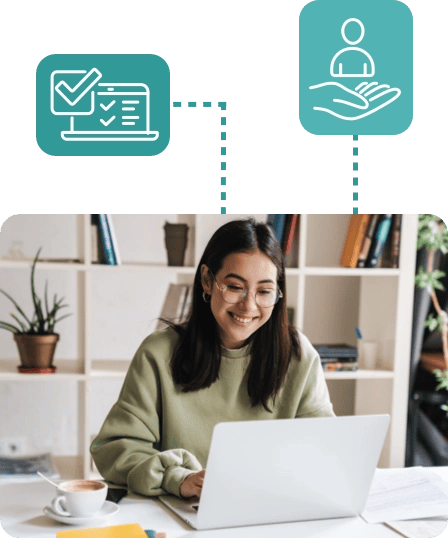 Woman at computer with two icons